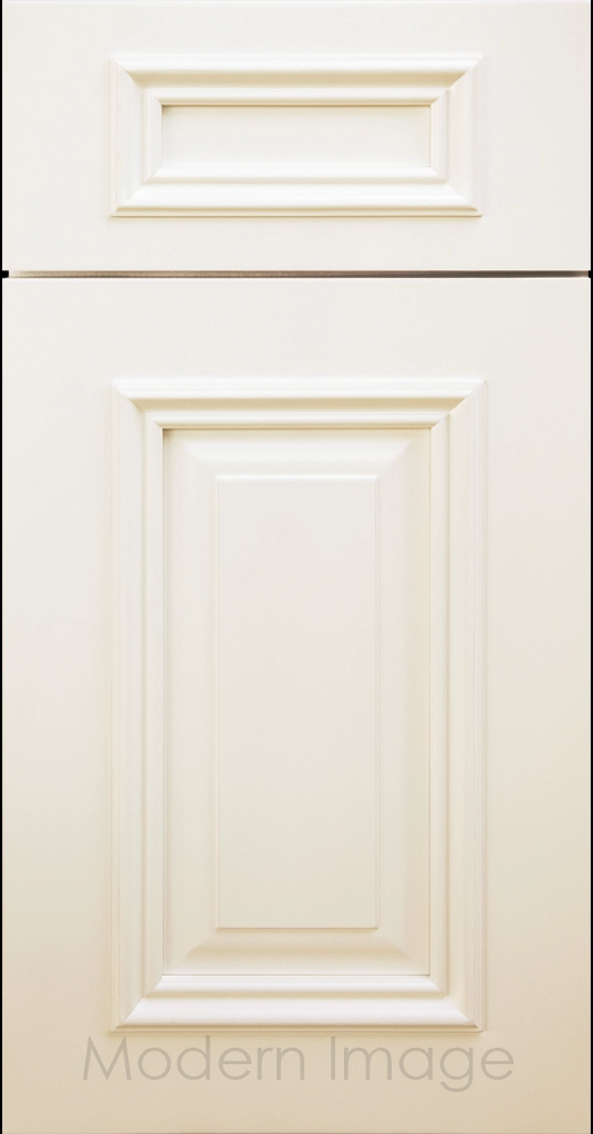 Heritage custom cabinets in a Vanilla matte finish with classic raised panel doors and modern flat slab drawers.